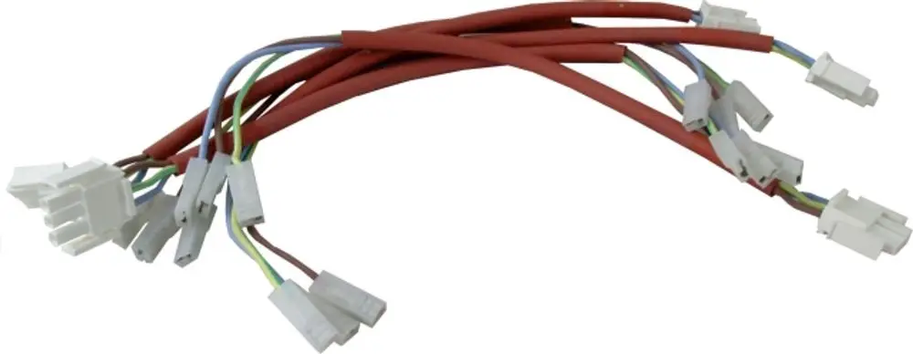 Kabel mit mehreren Steckverbindern und isolierten Drähten, verwendet in Saugzugbläsen, inklusive Komponenten von der Marke Wolf.